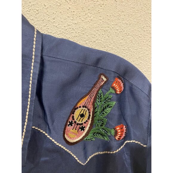 Carolina K Shirt Womens Medium Blue Western Embroidered Floral Snap Front Piped - Picture 3 of 4